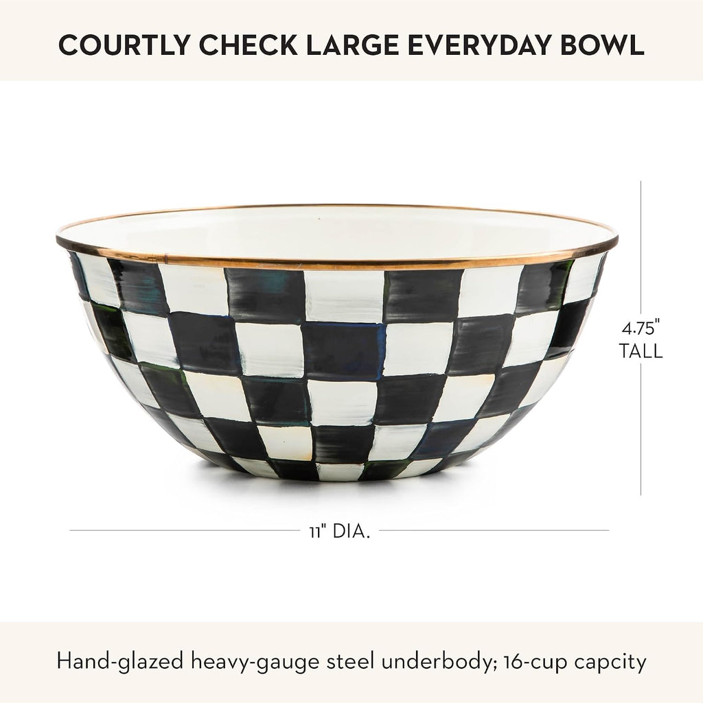 MACKENZIE-CHILDS Enamel Everyday Bowl, Serving Bowl for Entertaining, Large, Black-and-White Courtly Check, Set of 1