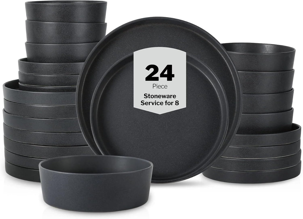 Stone by Mercer Project MODAN 24-Piece Stoneware Dinnerware Set, Plates and Bowls Sets, Dish Set for 8, Charcoal