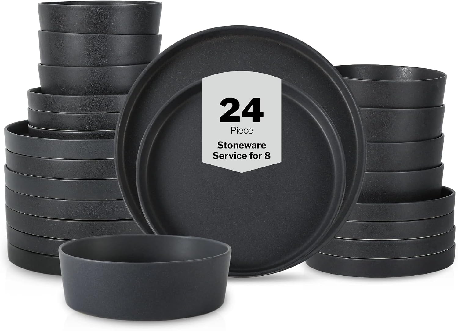 Stone by Mercer Project MODAN 24-Piece Stoneware Dinnerware Set, Plates and Bowls Sets, Dish Set for 8, Charcoal