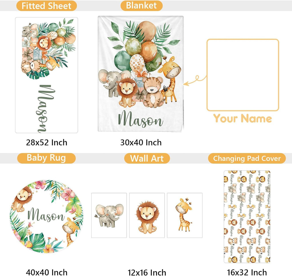Terwex Personalized Baby Bedding Set, 5 Pcs Custom Name Baby Crib Sets, Safari Animal Crib Bedding Set for Baby Boys Girls, Double Layer Flannel Nursery Bedding Set, Toddlers Infants Customized Gifts