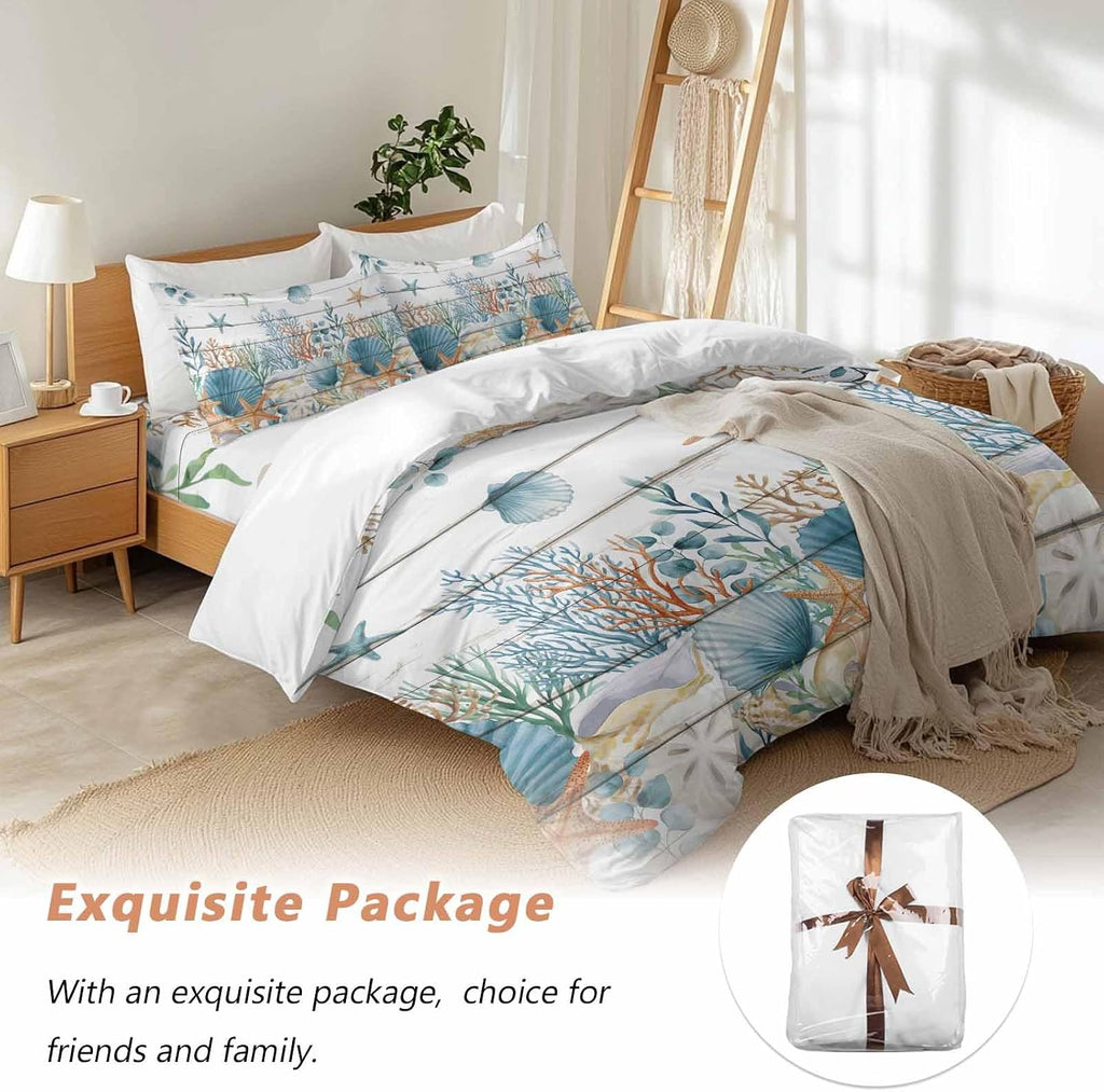 Marine Life Duvet Cover Set Queen Size 4 Pieces Vintage Shell Starfish Coral Eucalyptus Leaves Wood Grain Bedding Set with Zipper Closure, 1 Comforter Cover 86x86 Inches 1 Flat Sheet & 2 Pillow Cases