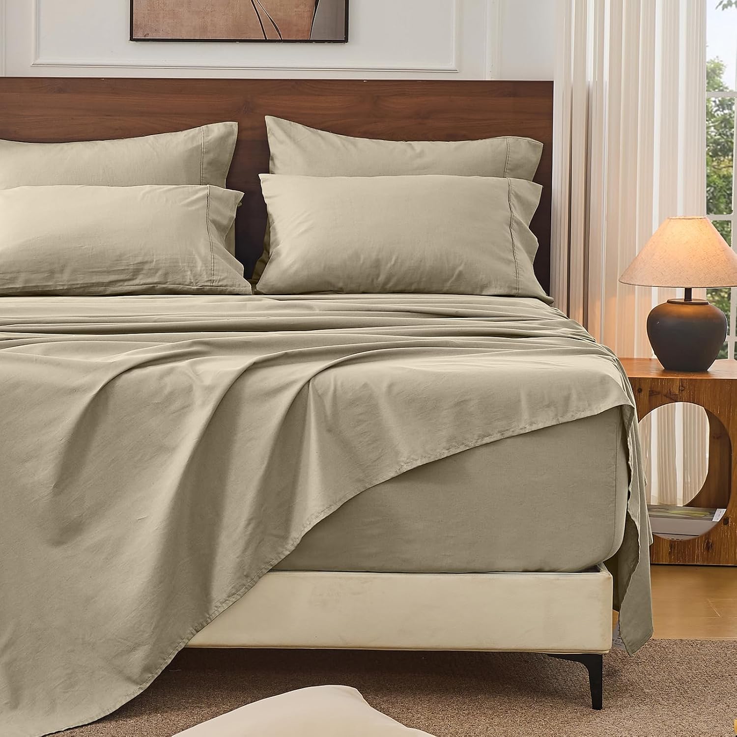 Bedlifes 100% French Linen Sheets Queen Size 18-24'Extra Deep Pocket 4-Piece Set Breathable & Moisture-Wicking,Soft & Durable Sheets for Thick Mattresses(Taupe)