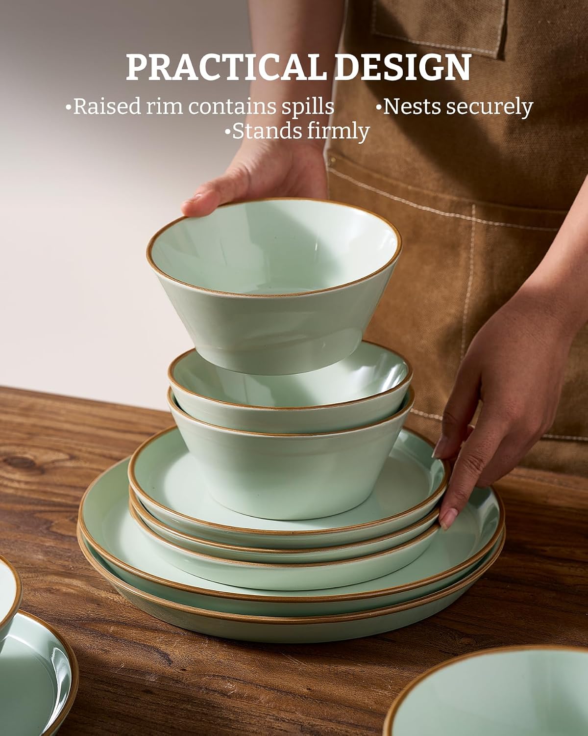 Famiware Saturn Plates and Bowls Dish Sets for 6 (18 Pieces), Stoneware Dinnerware Set with Hand-Painted Trim - Chip & Scratch Resistant, Microwave & Dishwasher Safe Ceramic Dishes, Light Green