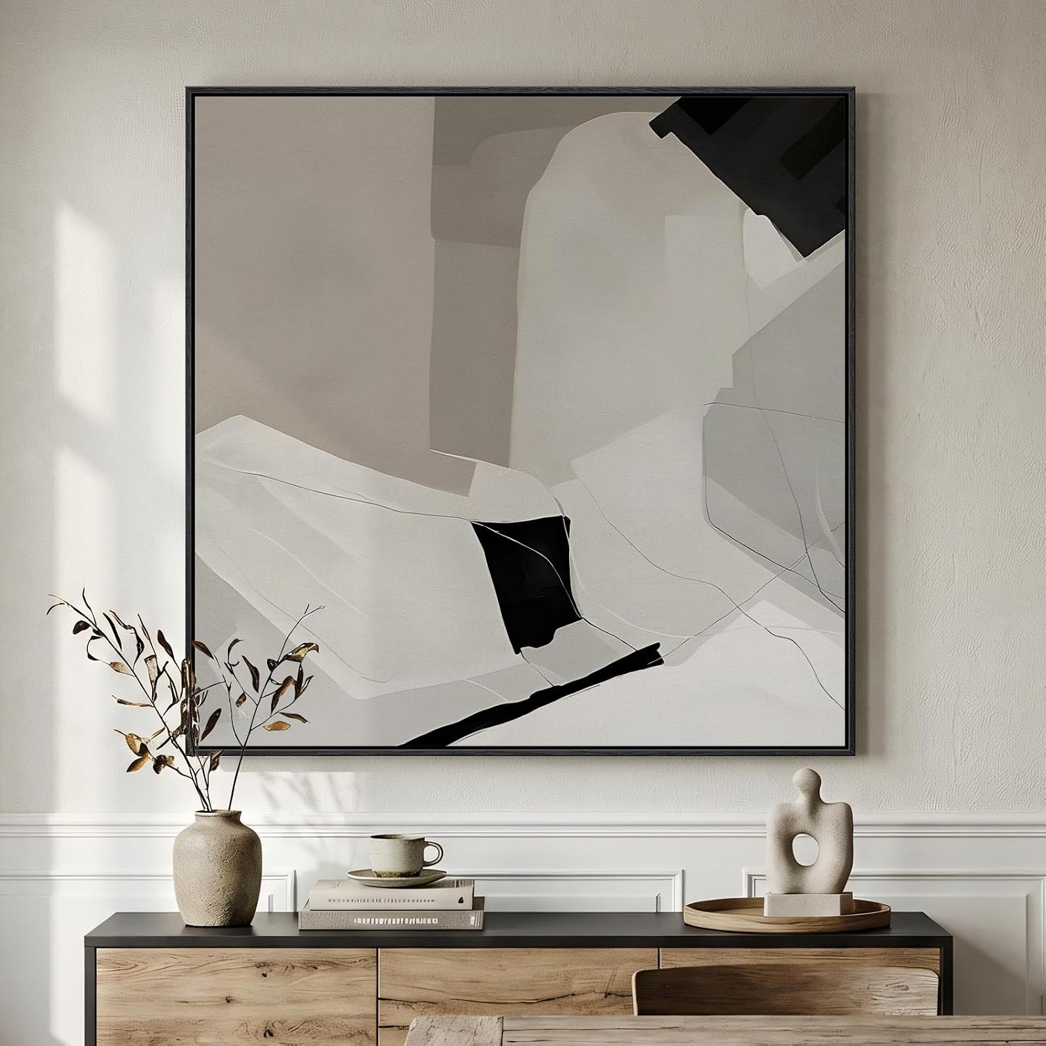Extra Large Framed Black and White Abstract Wall Art for Living Room, Oversized Square Modern Canvas Prints Paintings, Neutral Minimalist Pictures for Hallway Dining Bedroom Office Wall Decor 40x40 In