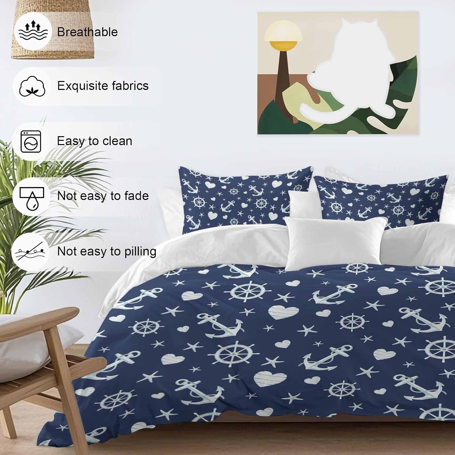 Summer Ocean Anchor Duvet Cover Set Queen Size 4 Pieces Nautical Coastal Sea Navy Blue Compass Love Heart Star Bedding Set with Zipper Closure,1 Comforter Cover 92x106 Inch 1 Flat Sheet&2 Pillow Cases