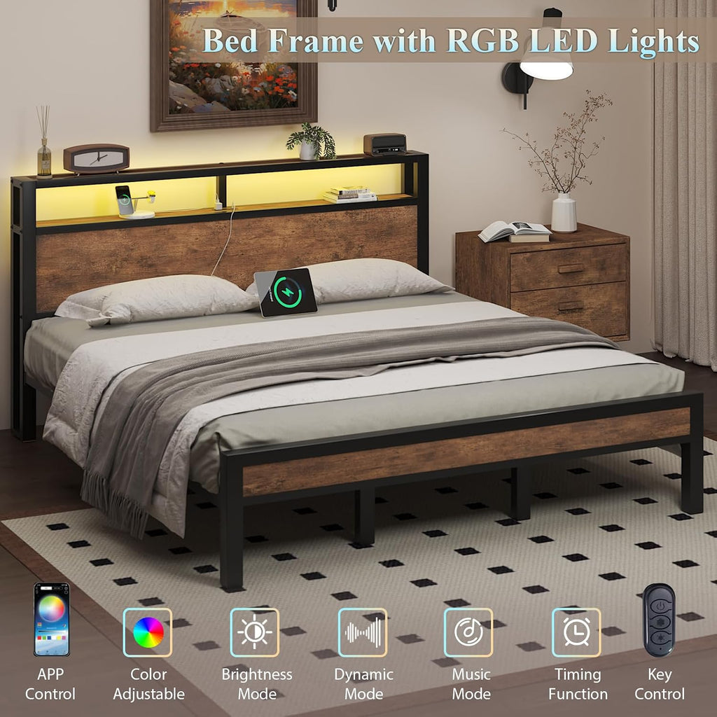 LOEWAY King Size Platform Bed with 2-Tier Storage Headboard, Metal Bed Frame with Charging Station & LED Light, Heavy Duty Metal Slats, No Box Spring Need, Noise Free, Rustic Brown