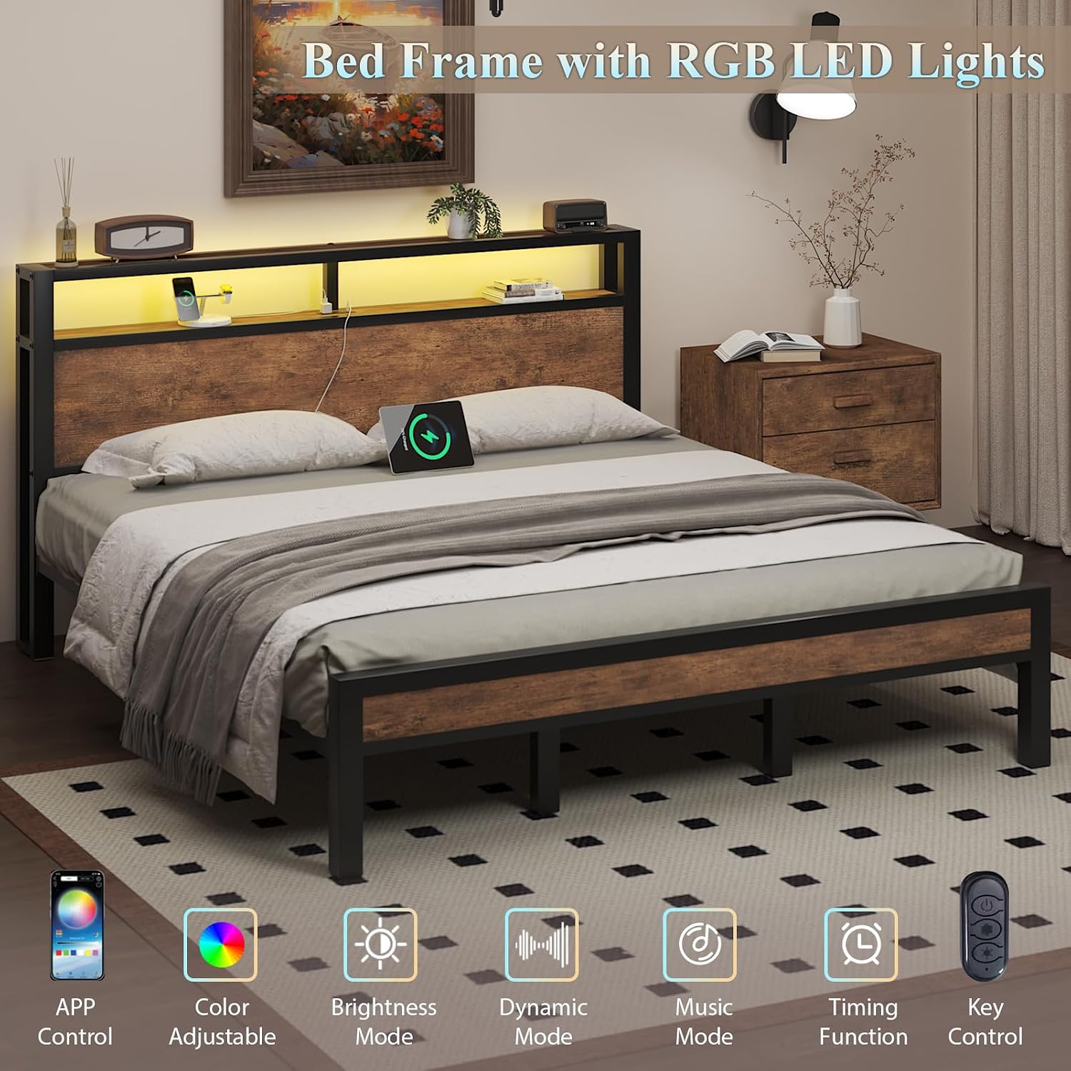 LOEWAY King Size Platform Bed with 2-Tier Storage Headboard, Metal Bed Frame with Charging Station & LED Light, Heavy Duty Metal Slats, No Box Spring Need, Noise Free, Rustic Brown