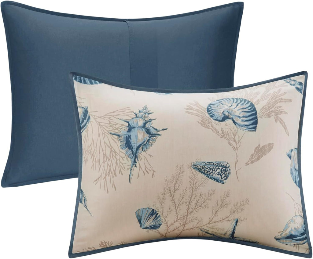 Madison Park 100% Cotton Comforter Set - Coastal Coral, Starfish Design All Season Down Alternative Cozy Bedding with Matching Shams, Decorative Pillow, King(104'x92'), Taupe 7 Piece