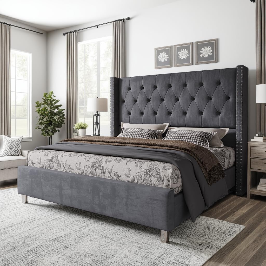 Jocisland Bed Frame King Size Velvet Tufted Upholstered Bed Low Profile Platform Bed Raised Wingback Headboard/Wood Slats Support/No Box Spring Needed/Easy Assembly/Grey