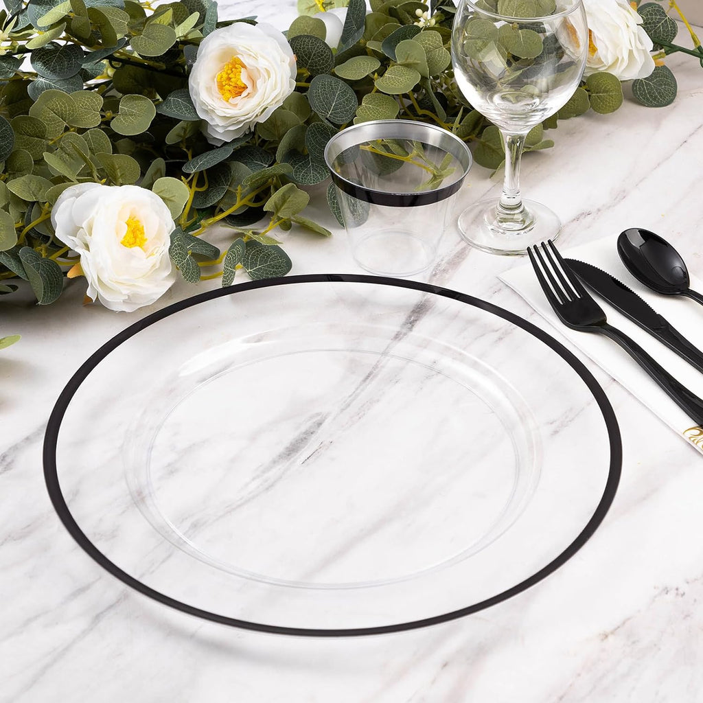 Goodluck 12 Inch Disposable Charger Plates Plastic, 100 Pack Plastic Clear Charger with Black Rim for Dinner, Wedding, Party