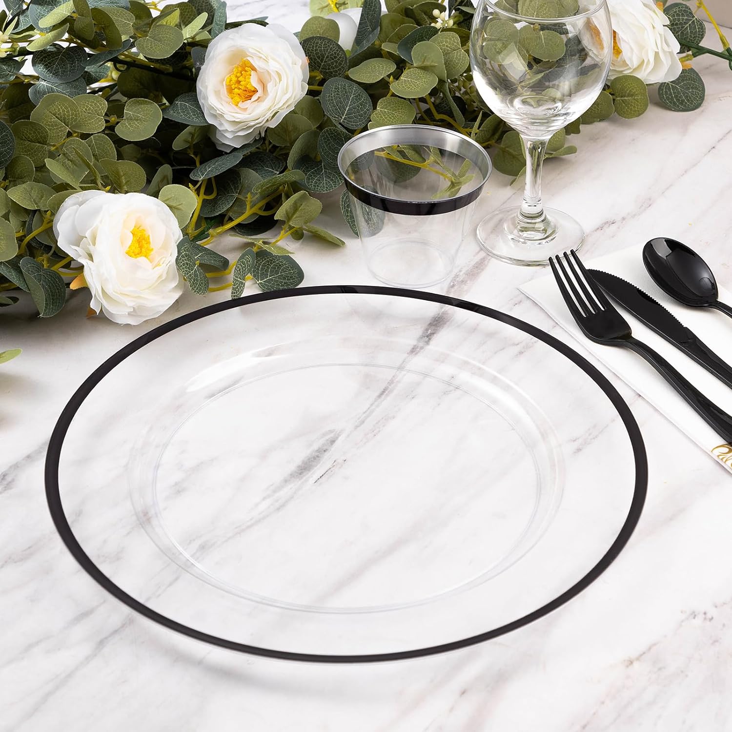 Goodluck 12 Inch Disposable Charger Plates Plastic, 100 Pack Plastic Clear Charger with Black Rim for Dinner, Wedding, Party