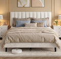 IDEALHOUSE Queen Size Velvet Upholstered Bed Frame with Adjustable Headboard (39.4–43.3'), Vertical Channel Tufted Platform Bed, Fits 8–12' Mattress, No Box Spring Needed, Easy Assembly, White