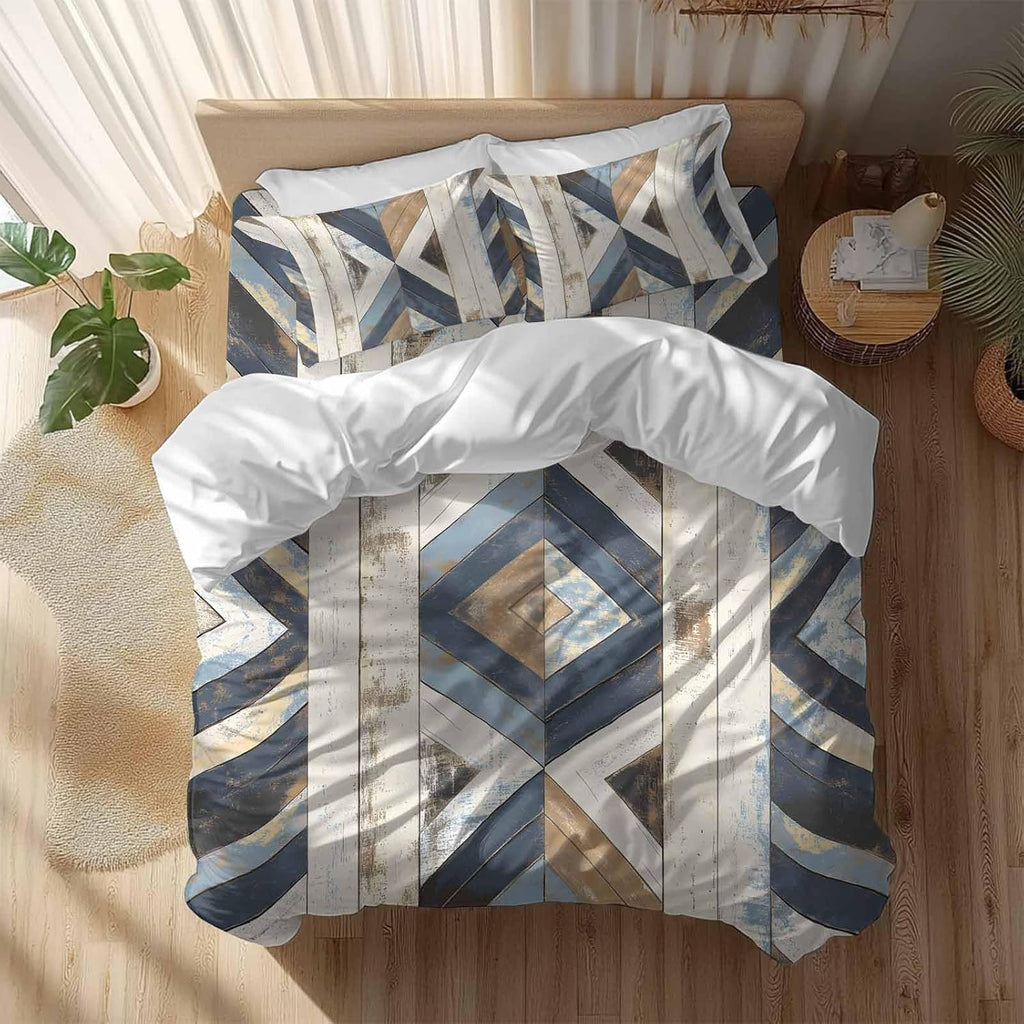 Vintage Duvet Cover Set Queen Size 4 Pieces Western Aztec Geometric Strip Wood Texture Farmhouse Bedding Set with Zipper Closure, 1 Comforter Cover 92x106 Inches 1 Flat Sheet & 2 Pillow Cases