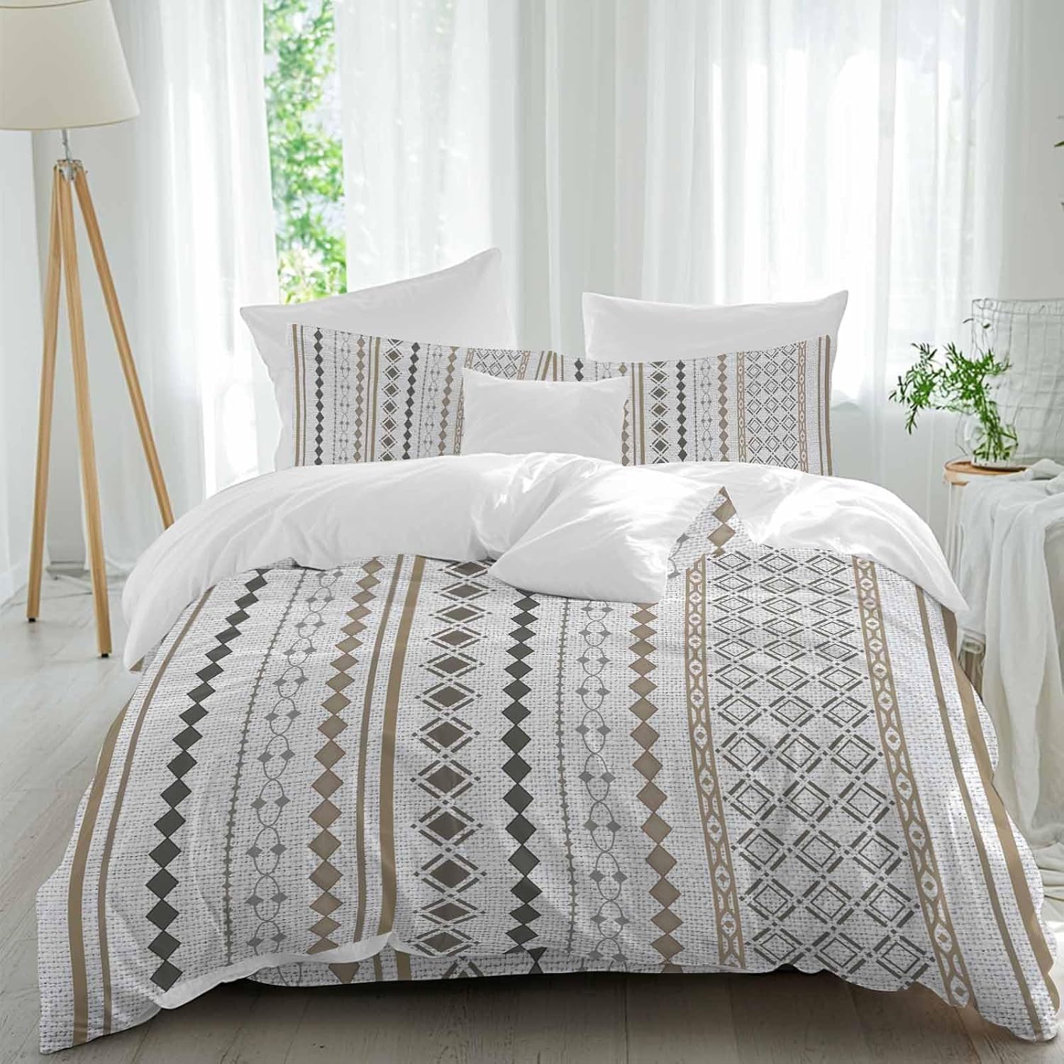 Bohemia Geometric Duvet Cover Set Queen Size 4 Pieces Brown Stripes Diamond Ethnic Linen Texture Bedding Set with Zipper Closure, 1 Comforter Cover 90x92 Inches 1 Flat Sheet & 2 Pillow Cases