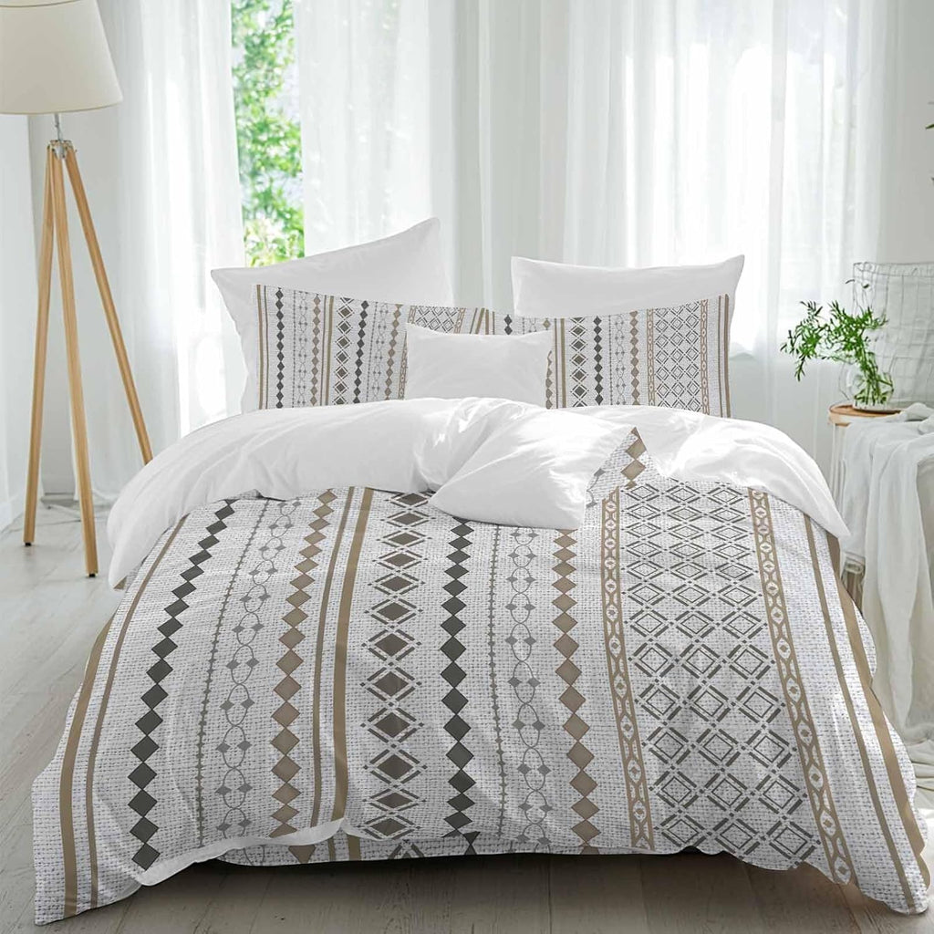 Bohemia Geometric Duvet Cover Set Queen Size 4 Pieces Brown Stripes Diamond Ethnic Linen Texture Bedding Set with Zipper Closure, 1 Comforter Cover 86x86 Inches 1 Flat Sheet & 2 Pillow Cases