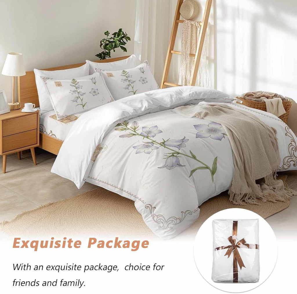 Purple Bellflowers Duvet Cover Set Queen Size 4 Pieces Country Pastoral Watercolor Flowers Green Leaf Bedding Set with Zipper Closure, 1 Comforter Cover 86x86 Inches 1 Flat Sheet & 2 Pillow Cases
