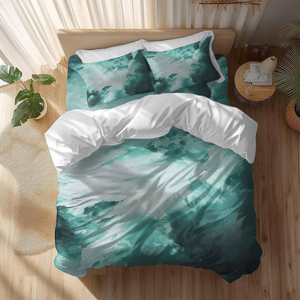 Prime Leader Clouds Duvet Cover Set Queen Size 4 Pieces Abstract Gradient Green Clouds Sky Bedding Set with Zipper Closure, 1 Comforter Cover 86x86 Inches 1 Flat Sheet & 2 Pillow Cases