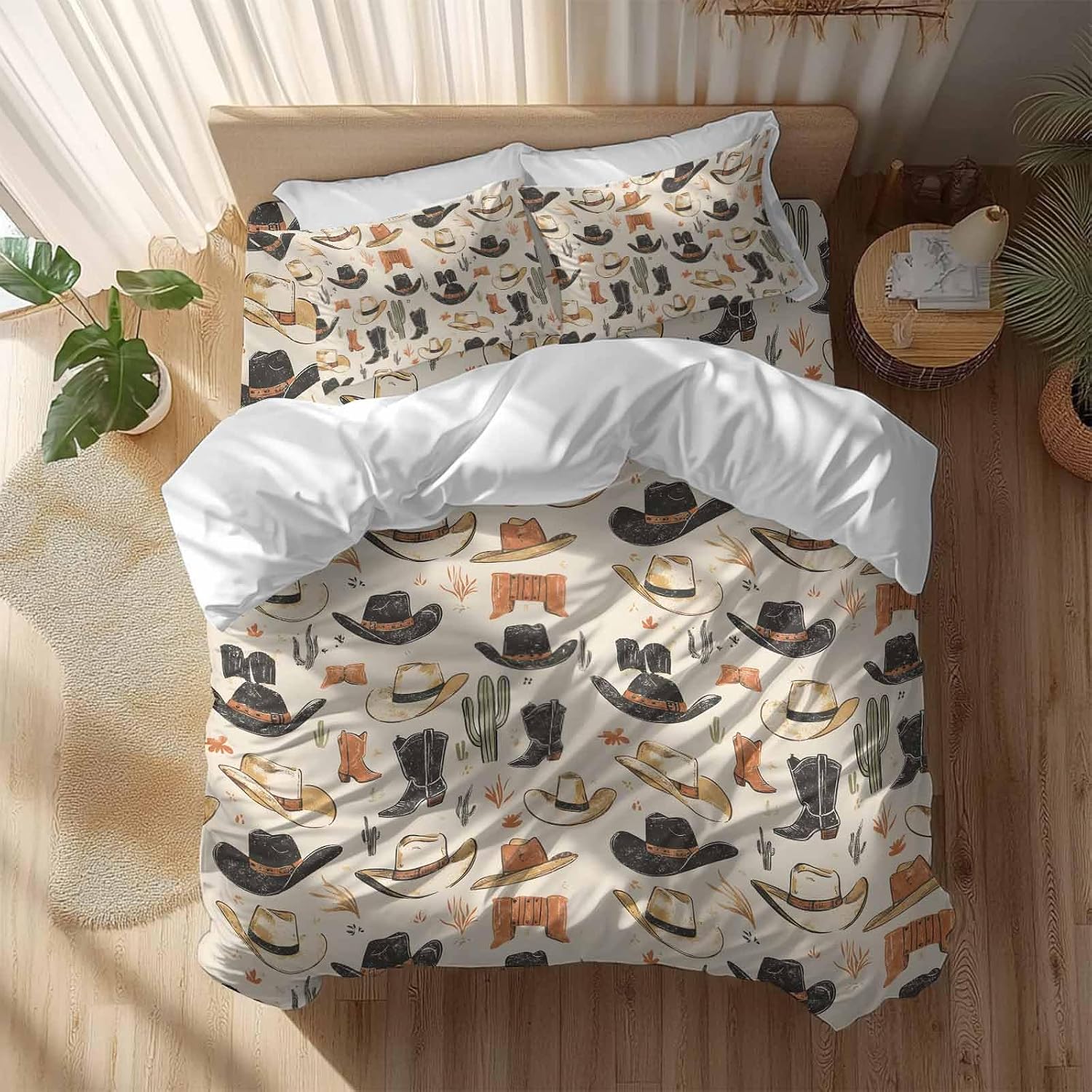 Prime Leader Western Cowboy Duvet Cover Set Queen Size 4 Pieces Boots Hat Vintage Desert Cactus Bedding Set with Zipper Closure, 1 Comforter Cover 90x92 Inches 1 Flat Sheet & 2 Pillow Cases