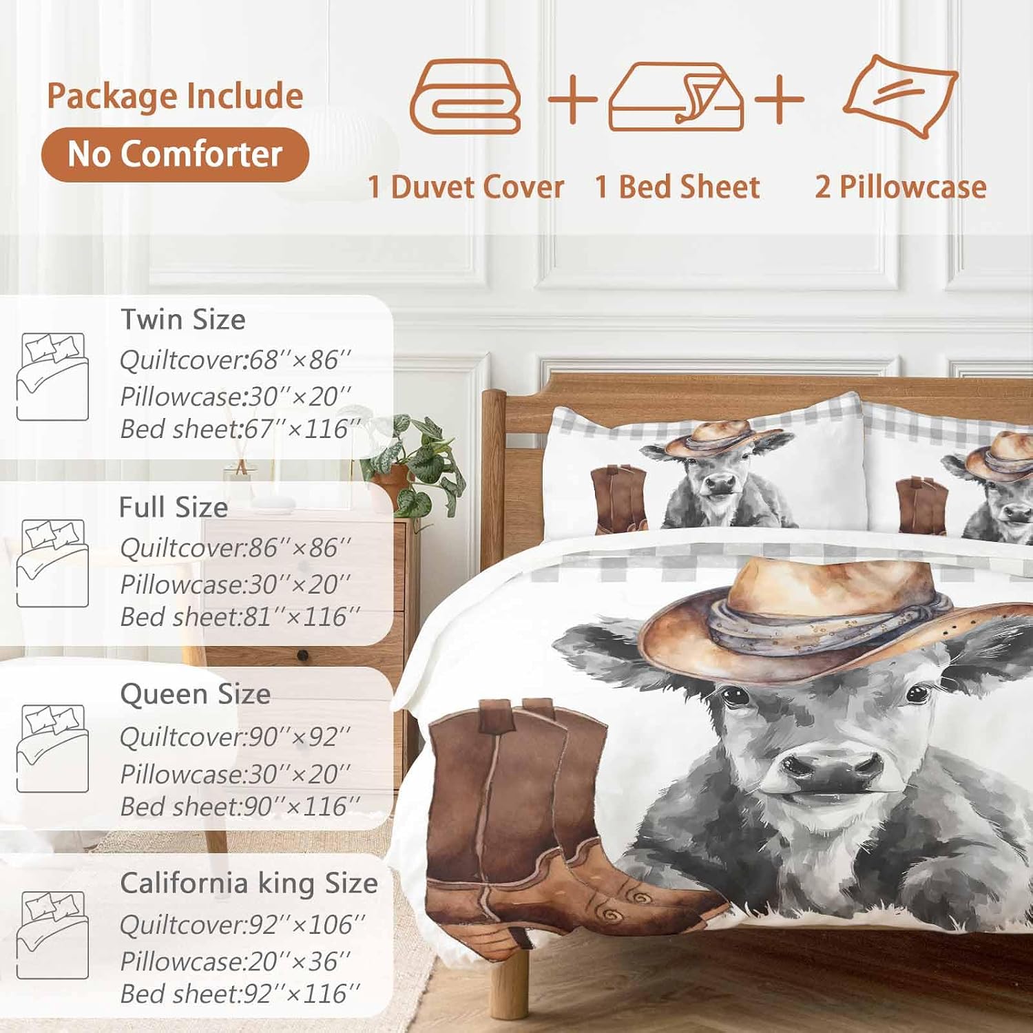 Farmhouse Cow Duvet Cover Set Queen Size 4 Pieces Grey Animal with Cowboy Hats Western Boots Plaid Bedding Set with Zipper Closure, 1 Comforter Cover 90x92 Inches 1 Flat Sheet & 2 Pillow Cases
