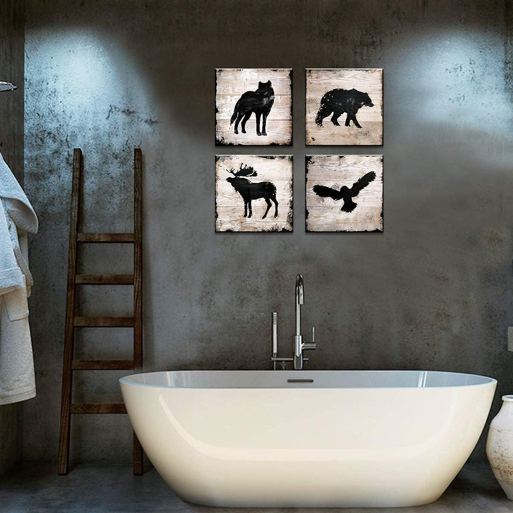Wild Animal Silhouette Canvas Wall Art Decor Elk Wolf Bear Eagle Prints Painting 24 x 24 Inch Peeling Paint Wood Texture Background for Bathroom Living Room Decoration Kids Nursery set of 4 Panels