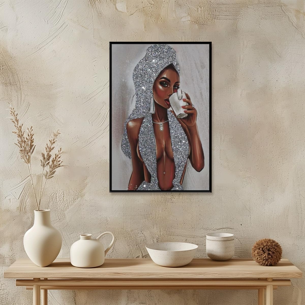 African American Black Women Wall Art Girl Popular Canvas Print Painting Black Woman Silver Glitter Textured Posters for Home Living Room Bethroom dorm Bathroom Wall Decor 20x30inch Black Framed