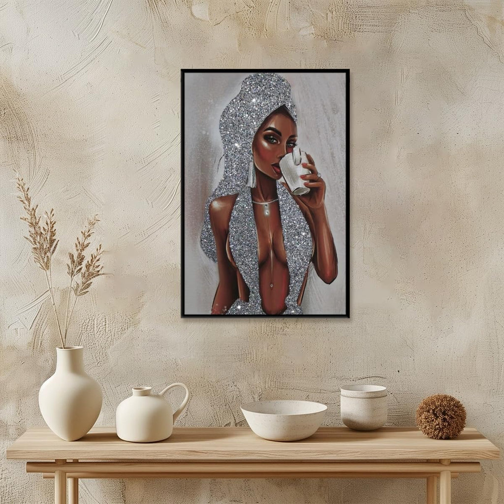 African American Black Women Wall Art Girl Popular Canvas Print Painting Black Woman Silver Glitter Textured Posters for Home Living Room Bethroom dorm Bathroom Wall Decor 24x36inch Black Framed