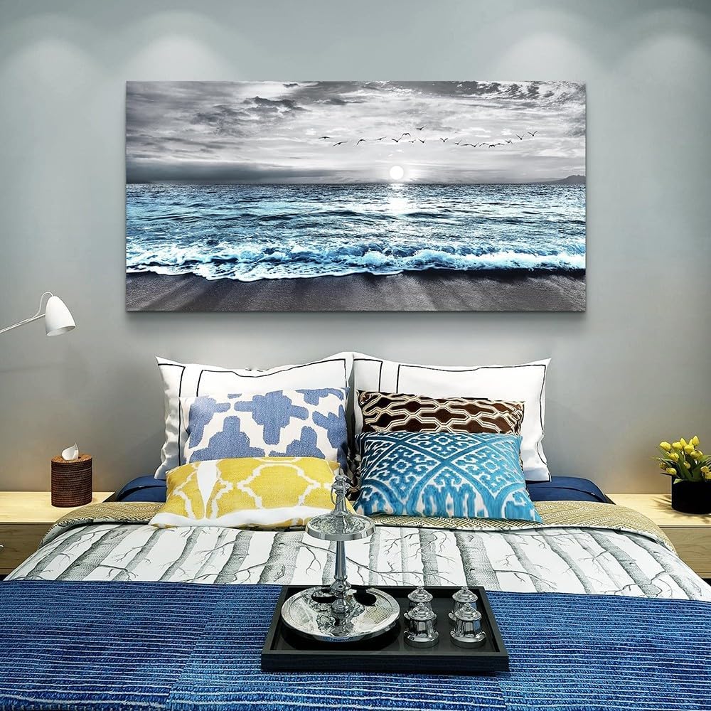Large Size Wall Decorations For Living Room Framed Canvas Wall Art For Bedroom Office Wall Decor Black And White Wall Painting Blue Ocean Sea Wave Pictures Artwork Beach Posters Home Decor 30' X60