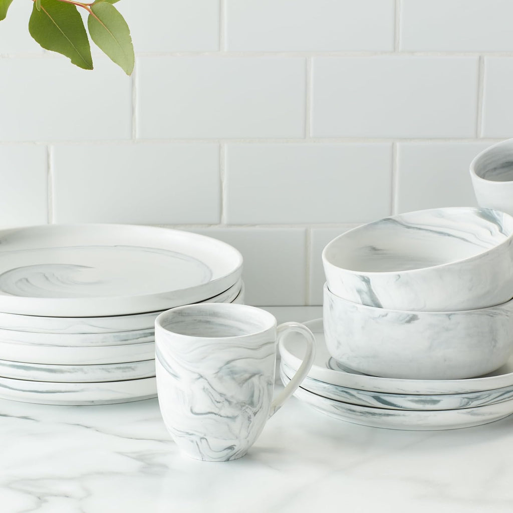 Stone Lain Porcelain 32 Piece Dinnerware Set, Cool Gray Swirl, Marble Design