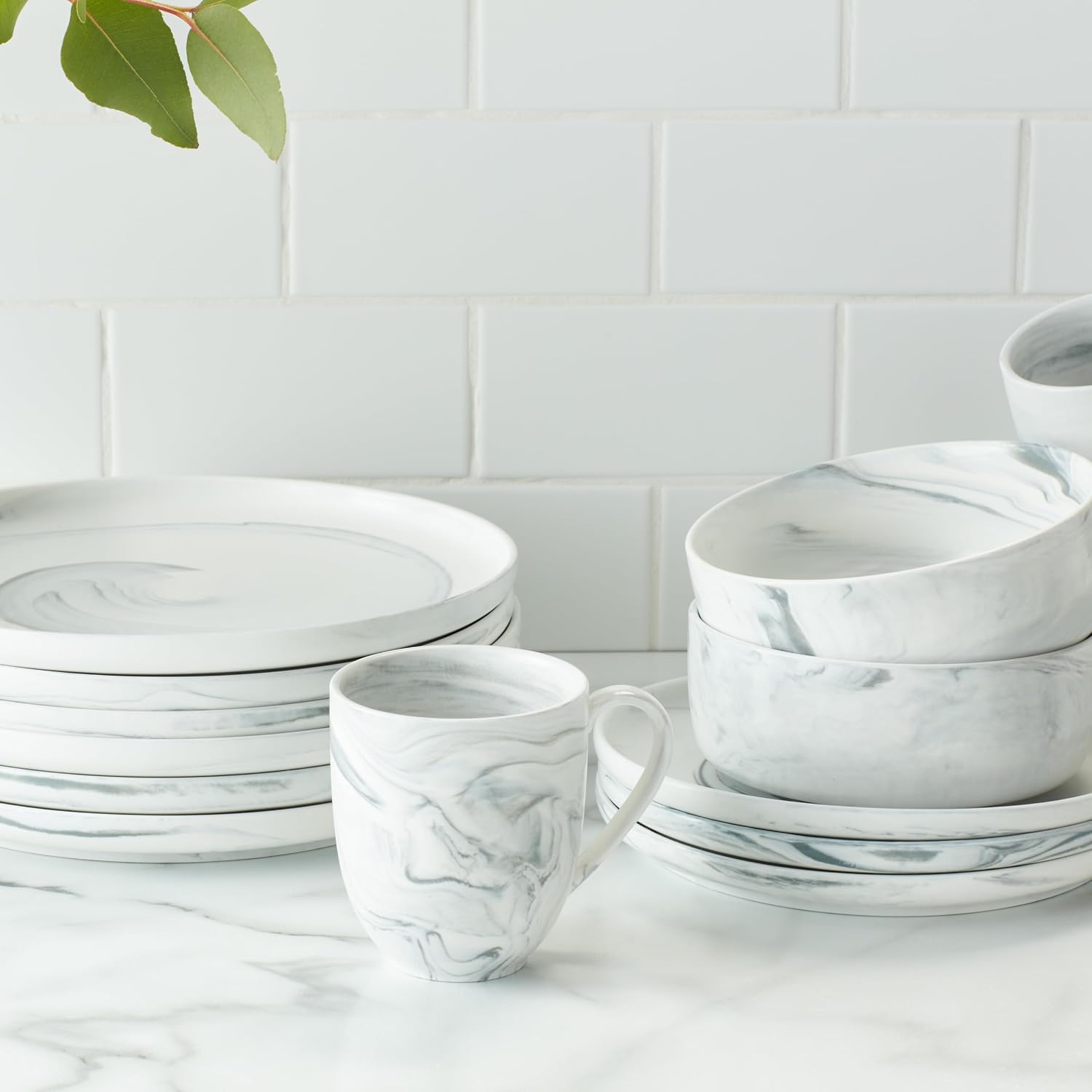 Stone Lain Porcelain 32 Piece Dinnerware Set, Cool Gray Swirl, Marble Design