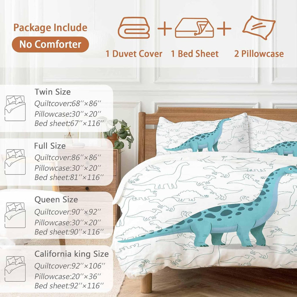 Prime Leader Green Dinosaur Duvet Cover Set Queen Size 4 Pieces Sketching Edges Dinosaur Cartoon Animal Bedding Set with Zipper Closure, 1 Comforter Cover 86x86 Inches 1 Flat Sheet & 2 Pillow Cases