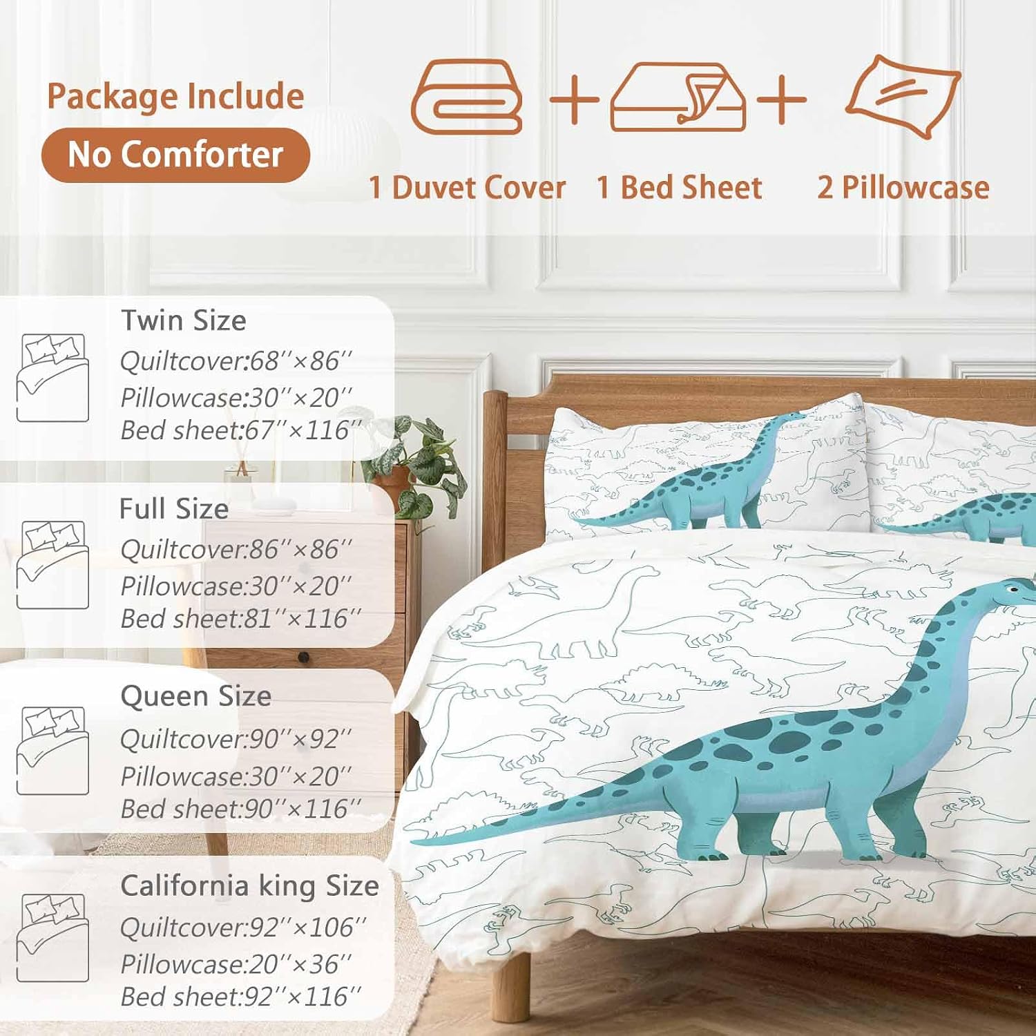 Prime Leader Green Dinosaur Duvet Cover Set Queen Size 4 Pieces Sketching Edges Dinosaur Cartoon Animal Bedding Set with Zipper Closure, 1 Comforter Cover 86x86 Inches 1 Flat Sheet & 2 Pillow Cases