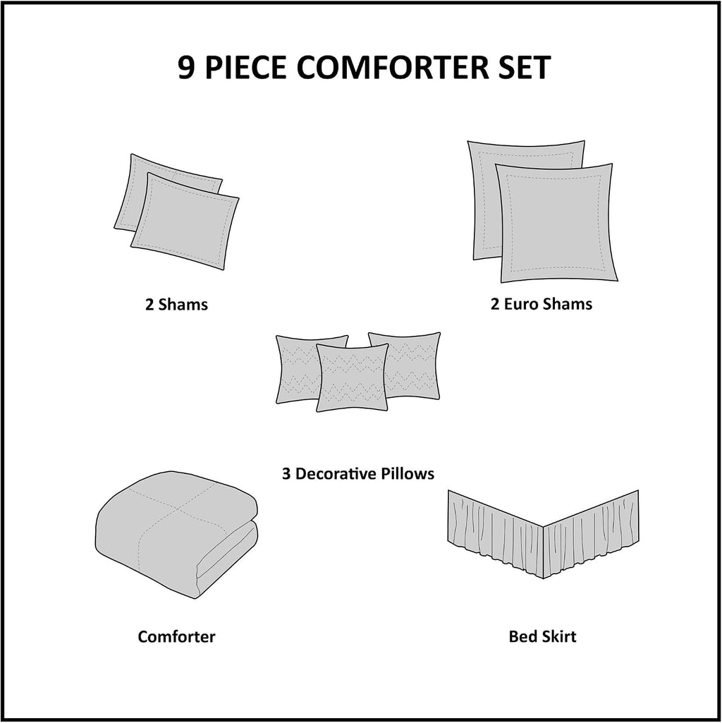 Madison Park Cozy Comforter Set Casual Modern Design All Season, Matching Bed Skirt, Decorative Pillows, Queen(92'x96'), Blue, 9 Piece (MP10-458)