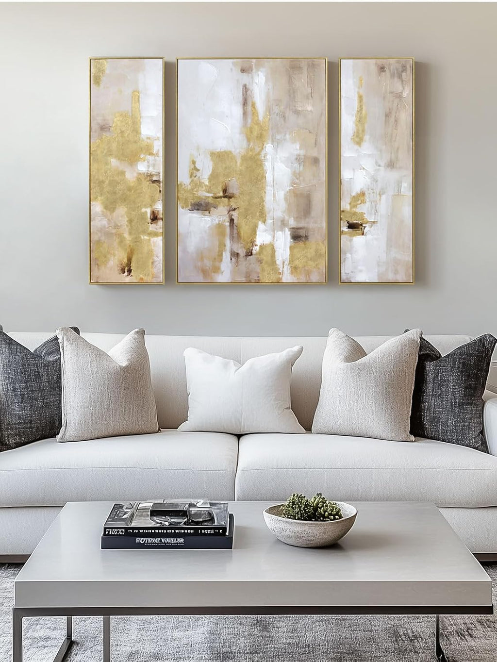 3 Piece Abstract Wall Art for Living Room – Gold and Beige Modern Textured Canvas Prints with Hand-Applied Brush Strokes, Large Wall Decor for Bedroom, Office, or Dining Room, 2 Piece 12 x 36 and 1 Piece 24 x 36 Inches