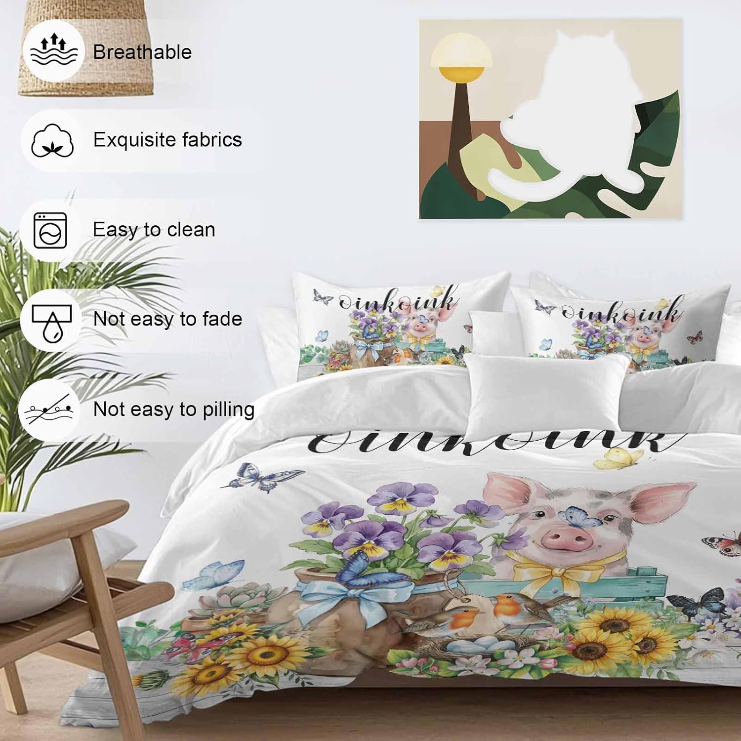 Prime Leader Floral Animals Duvet Cover Set Queen Size 4 Pieces Retro Flowers Fence Pig Birds Butterfly Bedding Set with Zipper Closure, 1 Comforter Cover 86x86 Inches 1 Flat Sheet & 2 Pillow Cases