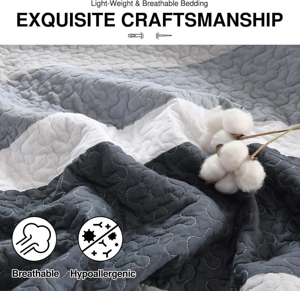 DDUOXIN Oversized King Bedspread 120' W x120 L - 100% Cotton California Quilt with 2 Pillow Shams, Simple Striped Design Lightweight Durable Bedding, Perfect for Modern Bedrooms, Blue/Gray/White