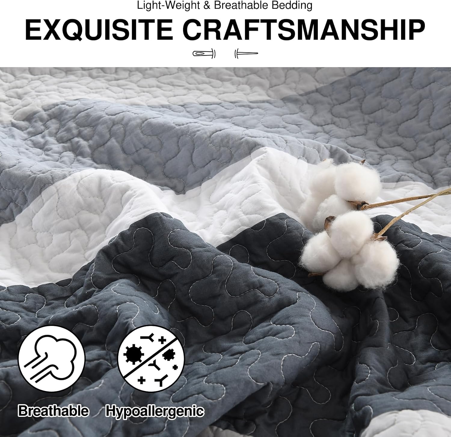 DDUOXIN Oversized King Bedspread 120' W x120 L - 100% Cotton California Quilt with 2 Pillow Shams, Simple Striped Design Lightweight Durable Bedding, Perfect for Modern Bedrooms, Blue/Gray/White