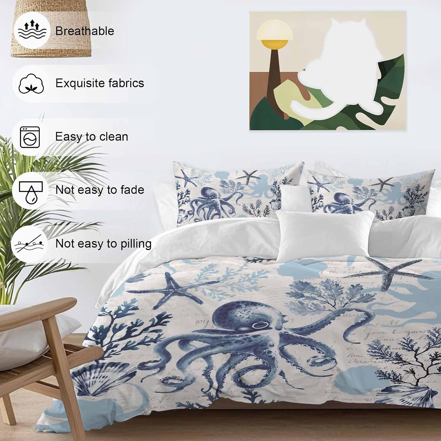 Summer Marine Life Duvet Cover Set Queen Size 4 Pieces Ocean Watercolor Octopus Starfish Coastal Vintage Bedding Set with Zipper Closure, 1 Comforter Cover 92x106 Inches 1 Flat Sheet & 2 Pillow Cases