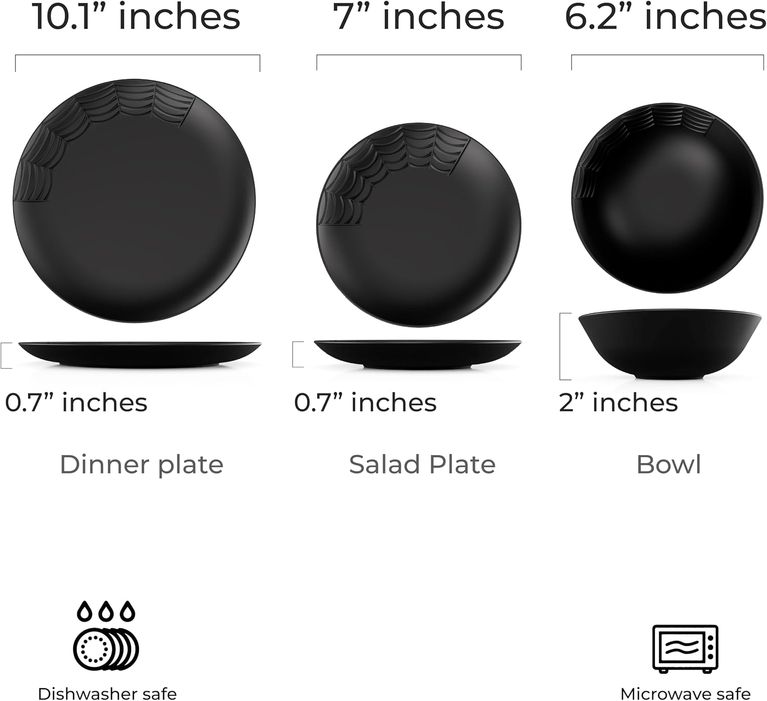 Nomnu Spiderweb Dinnerware Set (12 Pieces) - 4 Dinner Plates, 4 Salad Plates, 4 Bowls - Black Matte Porcelain Goth Dinnerware Set - Halloween Spooky Creepy Dishes Gothic Gifts