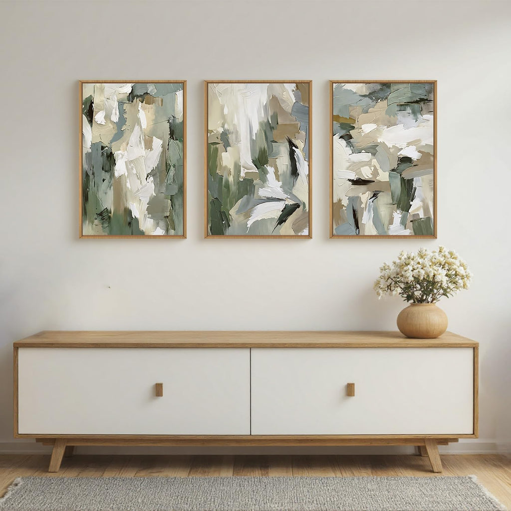 Large Abstract Green Beige Framed Canvas Wall Art Set,Neutral Brush Stroke Watercolor Wall Painting,Modern Minimalist Artwork for Living Room,Bedroom,Dining Room,Office -24'x36'x3