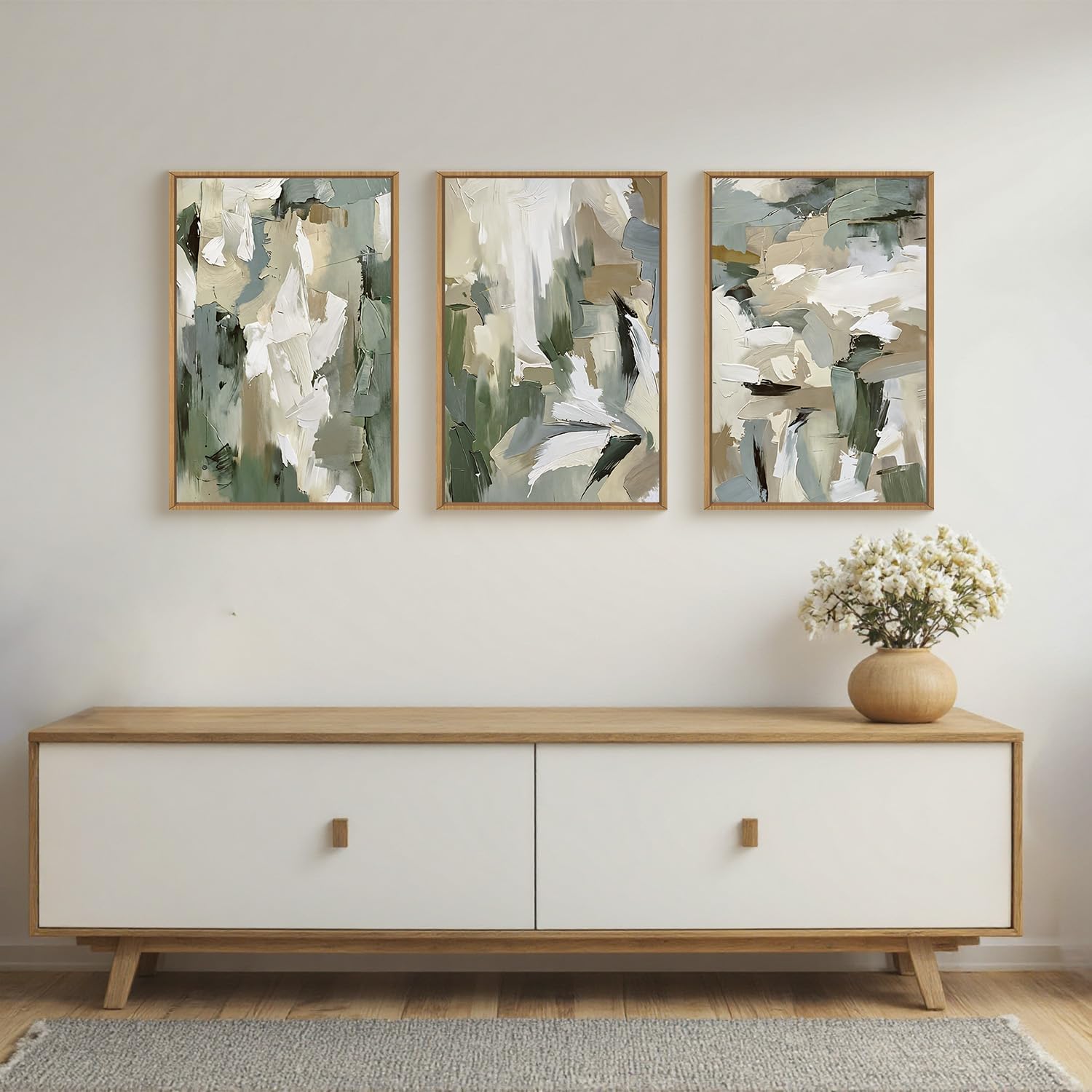 Large Abstract Green Beige Framed Canvas Wall Art Set,Neutral Brush Stroke Watercolor Wall Painting,Modern Minimalist Artwork for Living Room,Bedroom,Dining Room,Office -24'x36'x3