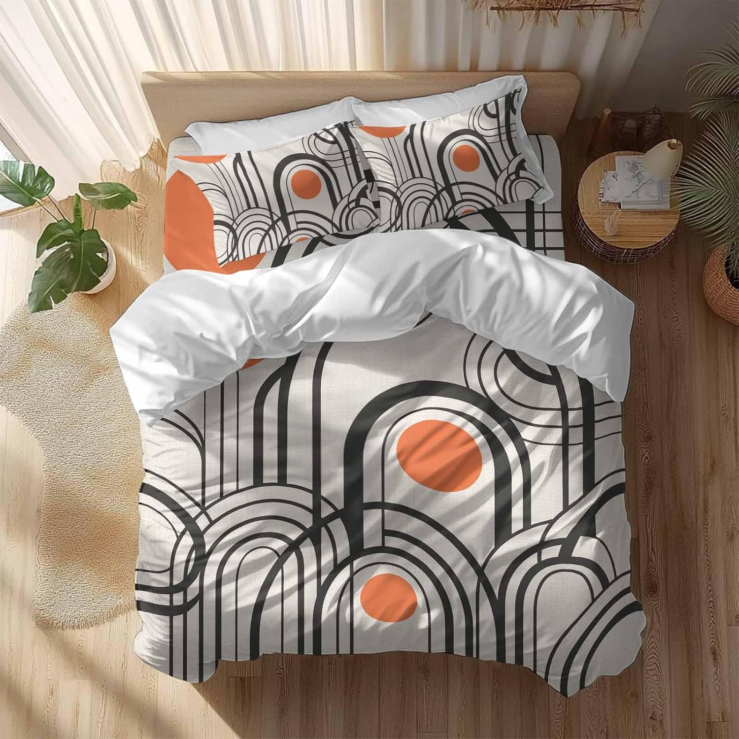 Black Orange Duvet Cover Set Queen Size 4 Pieces Abstract Line Boho Minimalist Mid Century Arch Geometric Bedding Set with Zipper Closure, 1 Comforter Cover 86x86 Inches 1 Flat Sheet & 2 Pillow Cases