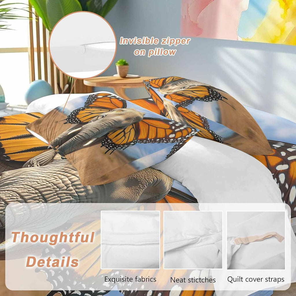 Prime Leader Funny Elephant Duvet Cover Set Queen Size 4 Pieces Elephant with Butterfly Ears Grassland Bedding Set with Zipper Closure, 1 Comforter Cover 86x86 Inches 1 Flat Sheet & 2 Pillow Cases