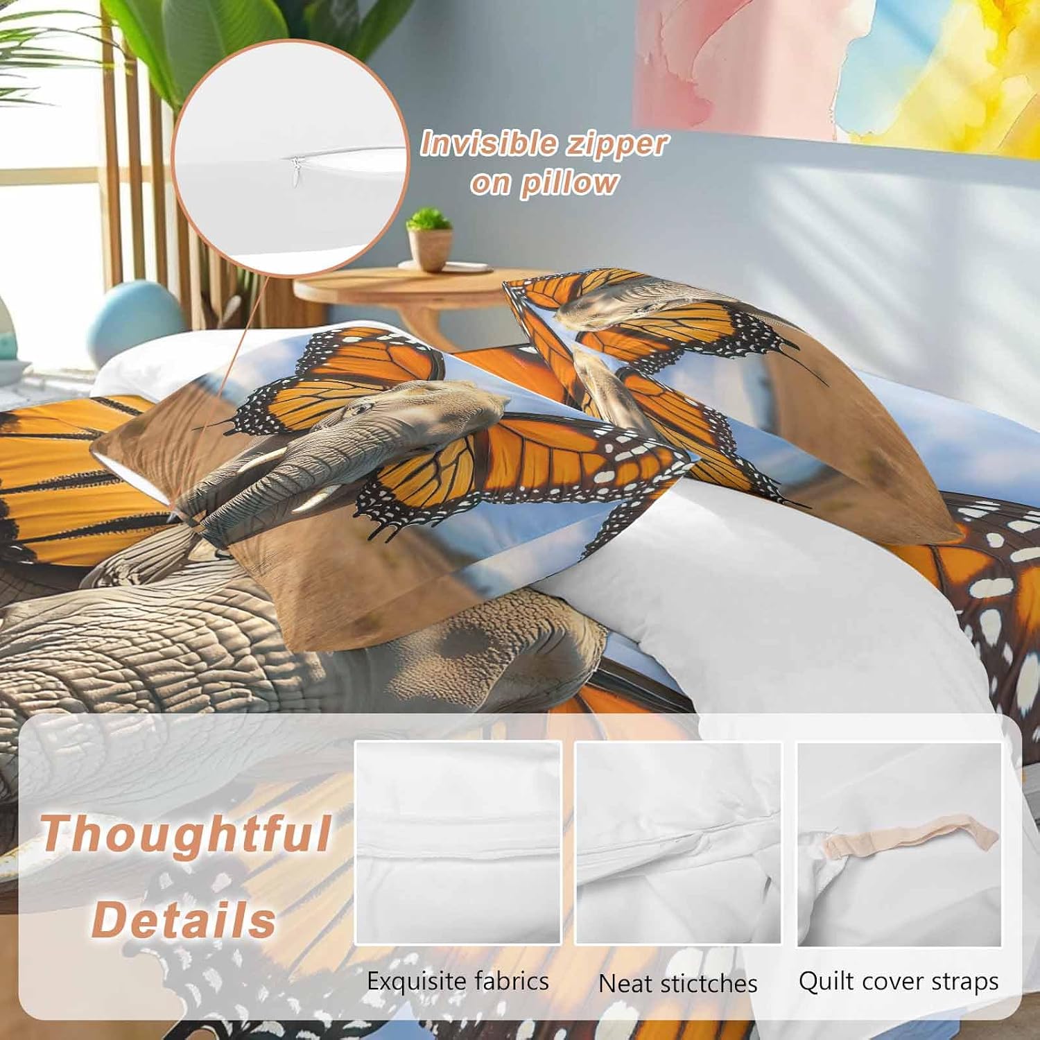 Prime Leader Funny Elephant Duvet Cover Set Queen Size 4 Pieces Elephant with Butterfly Ears Grassland Bedding Set with Zipper Closure, 1 Comforter Cover 86x86 Inches 1 Flat Sheet & 2 Pillow Cases