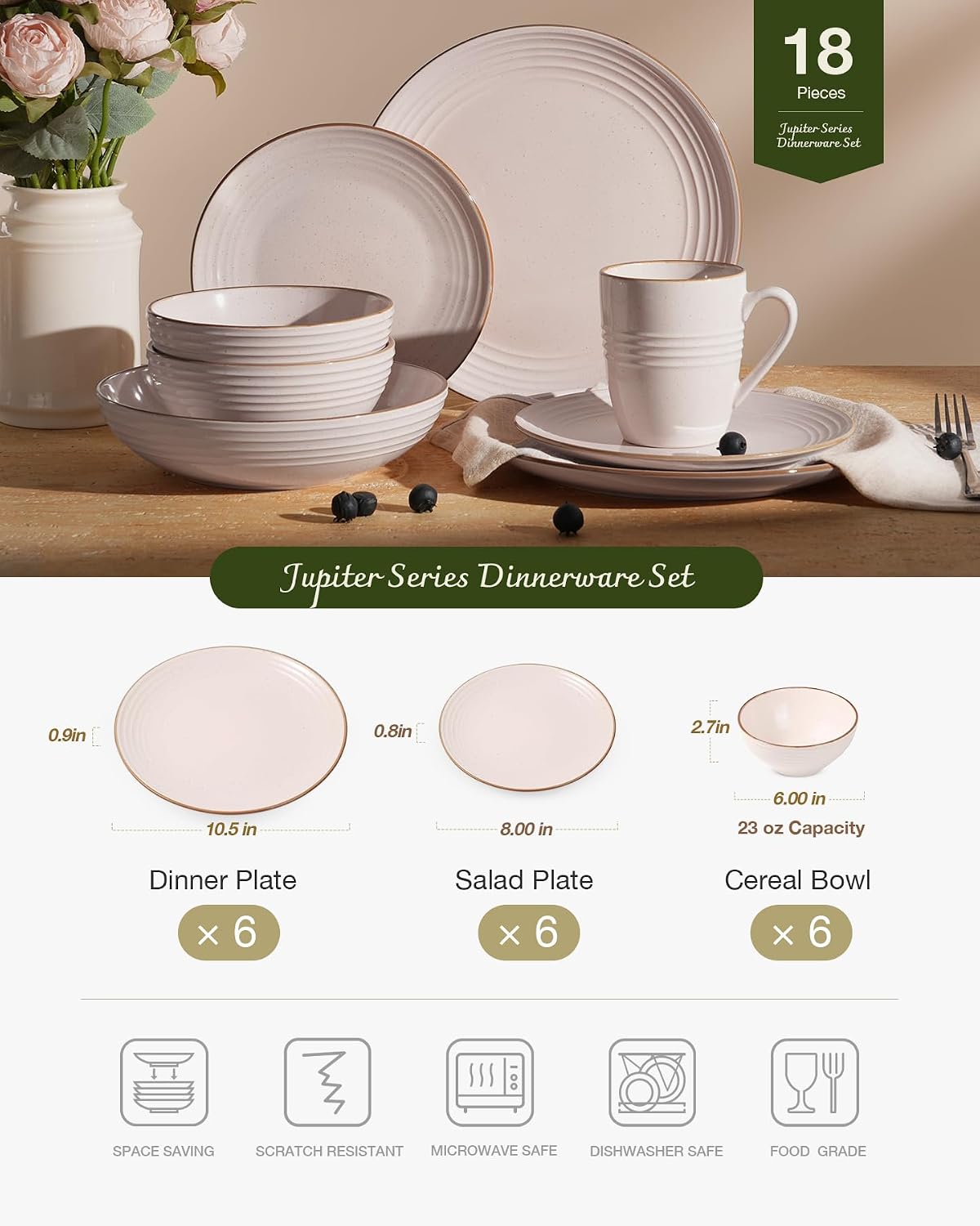 Famiware Jupiter 18-Piece Stoneware Dinnerware Sets for 6 – Handcrafted Plates and Bowls with Speckles & Embossed Swirls, Chip & Scratch Resistant, Modern Rustic Dishes for Daily & Formal Use, Pink