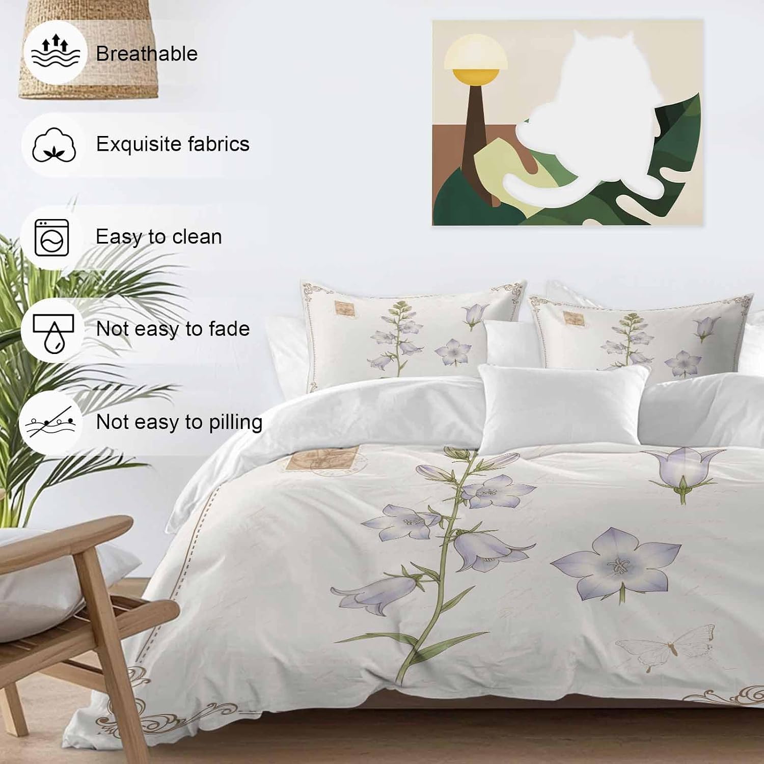 Purple Bellflowers Duvet Cover Set Queen Size 4 Pieces Country Pastoral Watercolor Flowers Green Leaf Bedding Set with Zipper Closure, 1 Comforter Cover 86x86 Inches 1 Flat Sheet & 2 Pillow Cases
