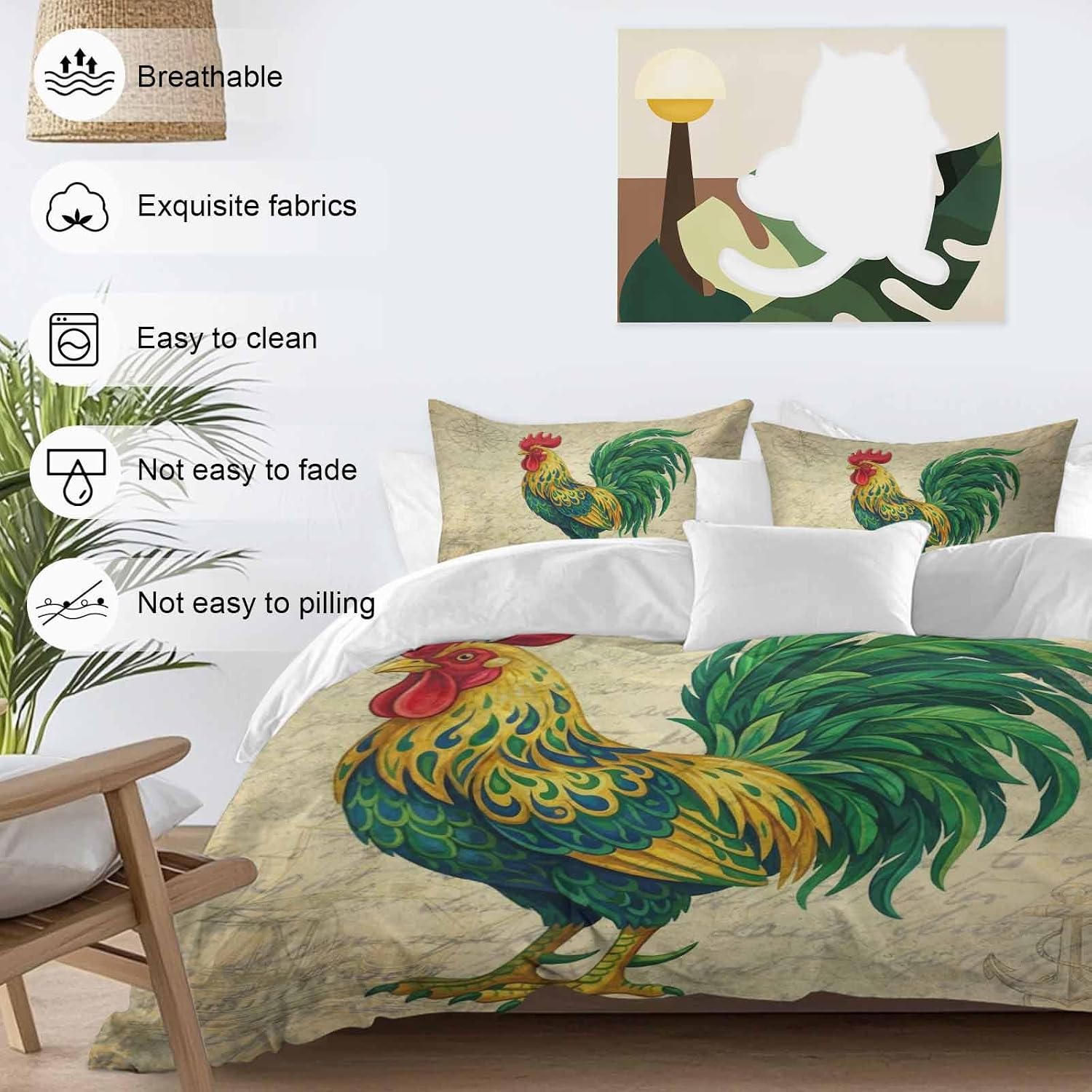Prime Leader Retro Chicken Duvet Cover Set Queen Size 4 Pieces Farm Rooster Vintage Paper Country Animal Bedding Set with Zipper Closure, 1 Comforter Cover 86x86 Inches 1 Flat Sheet & 2 Pillow Cases