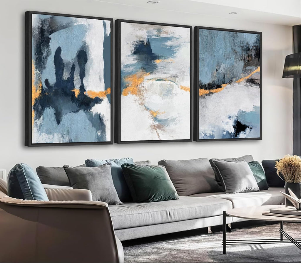 Large Framed Abstract Wall Art - Natural Framed Canvas Pictures for Living Room Modern Canvas Prints Grey Blue for Bedroom, Black Float Frame Art for Home Office Kitchen Decor 24' X 36' X 3pcs