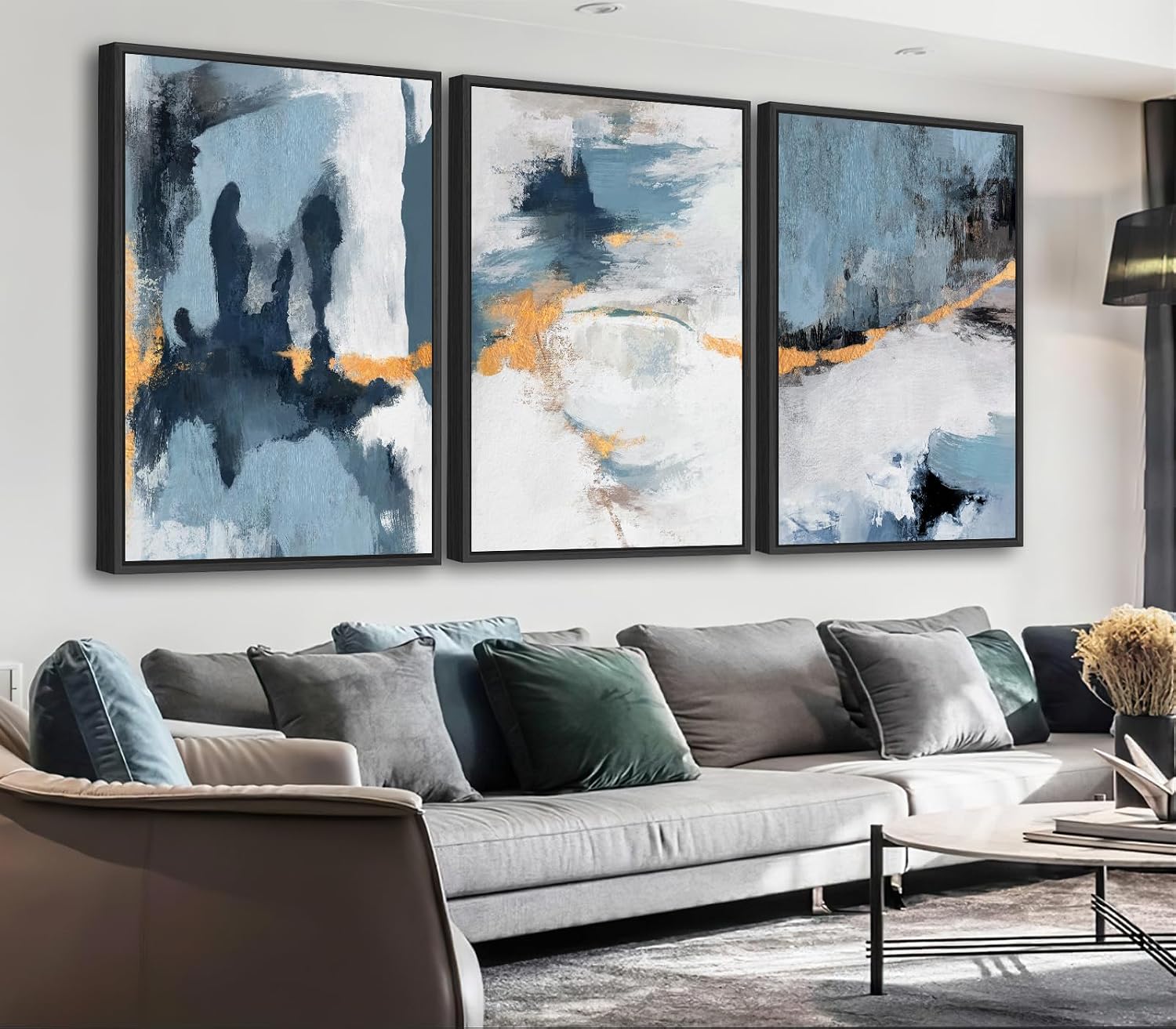 Large Framed Abstract Wall Art - Natural Framed Canvas Pictures for Living Room Modern Canvas Prints Grey Blue for Bedroom, Black Float Frame Art for Home Office Kitchen Decor 24' X 36' X 3pcs