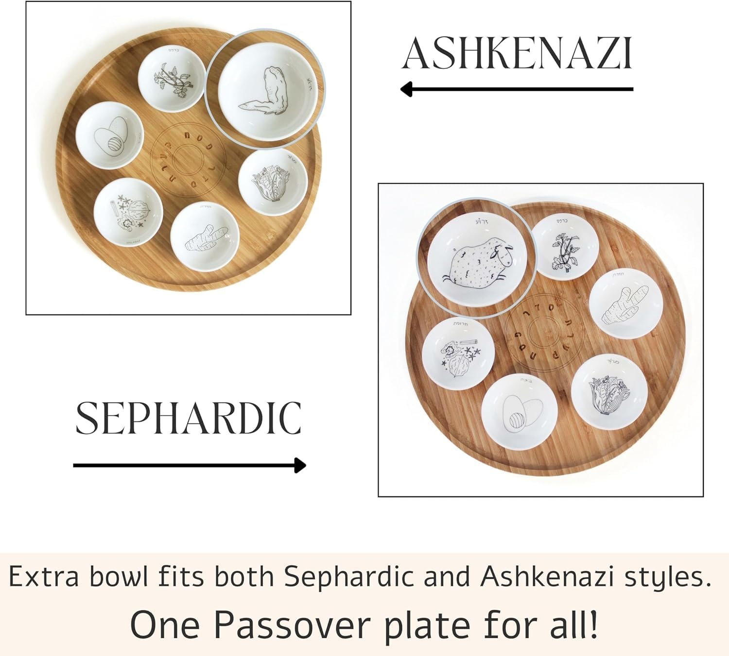 13' Large Size Handmade Passover Seder Plate with Six Black and White Ceramic Bowls, Passover Seder Plate Set, Hand Painted Illustrations, Decor Jewish Gift, Made in Israel by Mickala Design