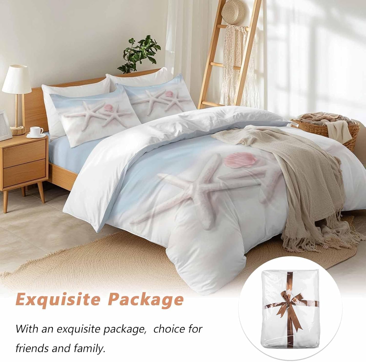 Prime Leader Starfish Shell Duvet Cover Set Queen Size 4 Pieces Summer Ocean Beach Coastal Bedding Set with Zipper Closure, 1 Comforter Cover 86x86 Inches 1 Flat Sheet & 2 Pillow Cases